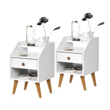 Imagem de KIT 2 Mesas De Cabeceiras 1 Gaveta Nicho Prateleiras Mini Cômoda Criad