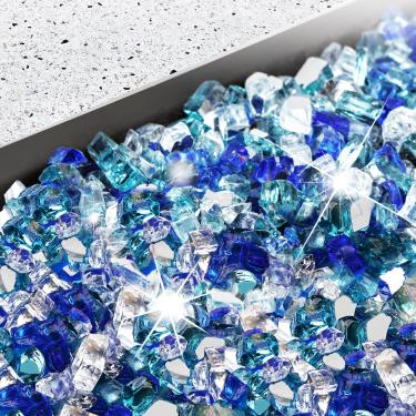 Imagem de Pulovin Vidro De 20 Libras Para Lareira A Gás Pit Rocks 1/2", Mesa Reflexiva, Mistura Azul Cobalto, Caribenho E Platina