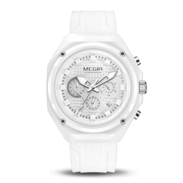 Imagem de MEGIR Relógio de pulso masculino minimalista analógico esportivo cronógrafo de quartzo com pulseira de silicone, à prova d'água ATM, ponteiros luminosos, Branco, Esportivo