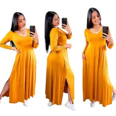 Imagem de Vestido longo gola v com fenda lateral  manga longa - Neide modas, Mos