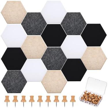 Imagem de Mindsoft 16 peças de quadro hexagonal de cortiça para paredes com 50 pinos de pressão de madeira 17 x 15 cm placa de avisos de feltro para quadro de avisos autoadesivo para casa, foto e escritório,