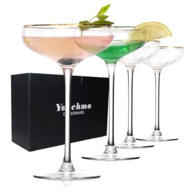 Imagem de Yaschmo Conjunto de 4 taças de cupê vintage, taças de martini de haste alta, taças de champanhe de coquetel com borda dourada, perfeitas para bar, martinis, margaritas, festas, escolha de presente
