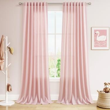 Imagem de Cortinas de linho de 262 cm de comprimento para quarto de bebê menina, conjunto de 2 painéis, aba traseira extralonga com filtro de luz, cortinas semitransparentes, rosa semitransparentes, cortinas do