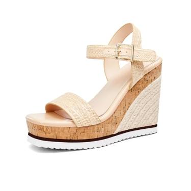 Imagem de Sandálias femininas com plataforma tipo alpargata, bico aberto, tira no tornozelo, fivela no tornozelo, sapatos casuais de verão, Cáqui claro, 40