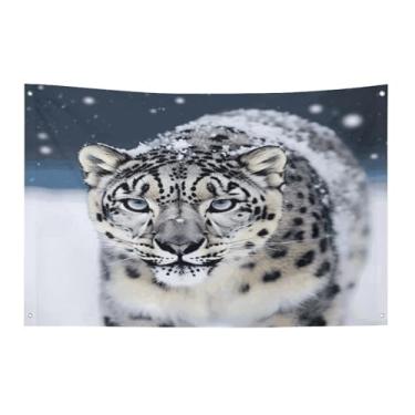 Imagem de Bandeira com quatro furos bandeiras para todos os climas bandeira decorativa impressa leopardo de neve de olhos azuis bandeiras de poliéster adequadas para uso interno e externo 89 x 159 centímetros