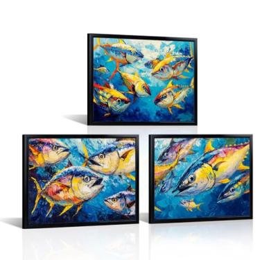 Imagem de Artsbay Arte colorida de parede de peixe oceano impressões em tela de atum pinturas emolduradas azul e amarelo decoração marinha para sala de estar quarto banheiro escritório 30,5 x 40,6 cm x 3 peças