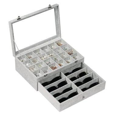 Imagem de AUTOARK Organizador de óculos de sol com 24 compartimentos e 8 compartimentos, estojo para óculos de sol para mulheres e homens, suporte de coleção com gaveta, parte superior de vidro grande, veludo
