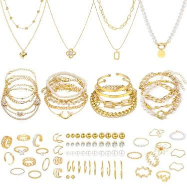 Imagem de NEWITIN Conjunto de 88 peças de joias de ouro para mulheres moda bijuteria banhado a ouro colar pulseira anel orelha brincos conjunto para mulheres