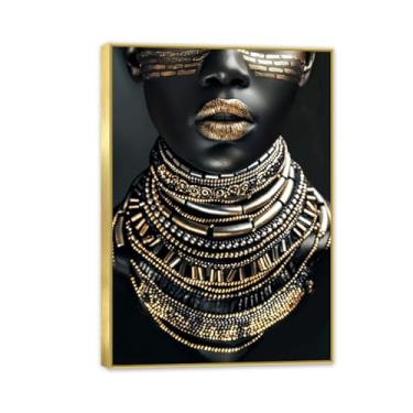 Imagem de SDYJ6GSW Pinturas de arte de parede em tela de mulher africana dourada moderna preta e impressões para sala de estar decoração de casa cuadros 85 x 60 cm (33 x 24 pol) moldura dourada