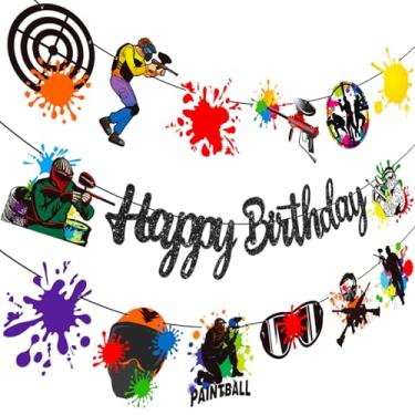Imagem de Paintball Happy Birthday Banner Glitter Black Paintball Birthday Party Decorations 2PCS Paintball Themed Shooting Game Banner Decor for Paint Ball Splatter Splash Party Supplies