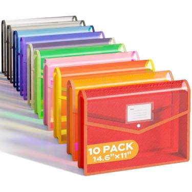 Imagem de Deli Pacote com 10 pastas de arquivo expansíveis de plástico, pastas para documentos com fecho de pressão, organizador de arquivos coloridos, organizador de arquivos sanfonado transparente, grande