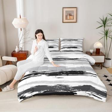 Imagem de Erosebridal Conjunto de edredom Queen abstrato preto e branco, moderno, cinza, listrado, para adultos, homens, mulheres, pintura a óleo, geométrica, minimalista, simples, aquarela