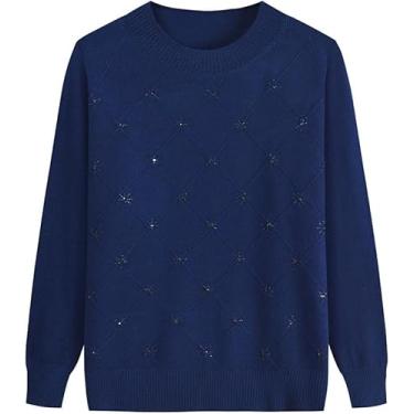 Imagem de Camisola Azul Marinho De Meia-idade Para Idosos Outono - Clássica Camisola De Tricô Para Mulheres Com Pulôver Para Mãe, Top De Malha De Avó Com Gola Redonda Quente E Robusta, As Shown, 3XL