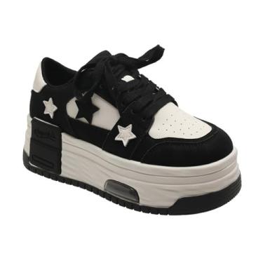 Imagem de Tênis De Plataforma Feminino De 5 Cm Respirável Com Cadarço Para Caminhada Calçados Esportivos De Salto Grosso Chunky Flats Trainers, Black, 40 EU