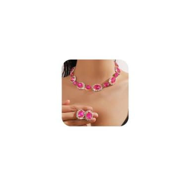 Imagem de Missgrace Conjunto de joias de casamento de strass verde prata cristal colorido gargantilha colar conjunto de brincos baile formal bar festa elipse colar delicado brincos para mulheres, Large, Strass