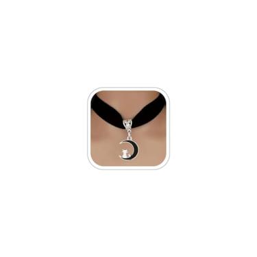 Imagem de Meztole Colar feminino de gato preto na lua, gargantilha preta gótica, lua, gato, para Halloween, vintage, punk de veludo, pingente crescente, joias góticas, acessórios de fantasia de bruxa, Metal