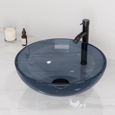 Imagem de YIMAI Ingenuity Design Vessel Sink Pia De Banheiro Acima Do Balcão Pia De Banheiro Pequena Tigela Bancada Pias Modernas Com Torneira E Combinação De Drenagem 16,5" Redondo Transparente Novo