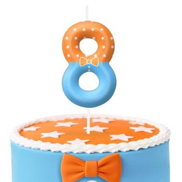 Imagem de Velas de aniversário número 8 azul laranja, topo de bolo com tema de desenho animado para decoração de bolo para meninos e meninas, decorações de aniversário, suprimentos de festa, velas com números