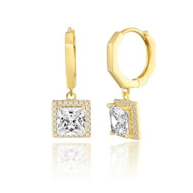 Imagem de MDFUN Brincos de argola com pingente de auréola banhado a ouro branco 18 quilates, redondo, princesa, coração, corte em gota, zircônia cúbica transparente para mulheres, Ouro amarelo, Zircônia cúbica