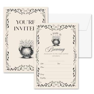 Imagem de seclate Convites de chá de bebê floral de Halloween, 10 cm x 15 cm A Baby is Brewing Gender Reveal Convites para decoração de festa de bruxa assustadora suprimentos (25 peças) - B10