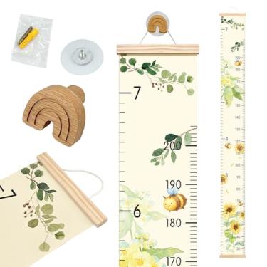 Imagem de Tabela de crescimento para parede – Régua de medição de altura de 19 x 199 cm com gancho de arco-íris de madeira, decoração de berçário de lona impermeável, tabela de altura neutra removível para