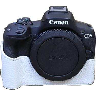 Imagem de Capa R50, capa BMAOLLONGB feita à mão de couro genuíno meia câmera para Canon Eos R50 versão com abertura inferior + alça de mão (branca)