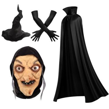 Imagem de Cutecrop Fantasias de bruxa idosa de Halloween incluem chapéu de bruxa com gola alta, capa de rosto antigo, máscara de cabelo longo, luvas longas, Preto, One Size