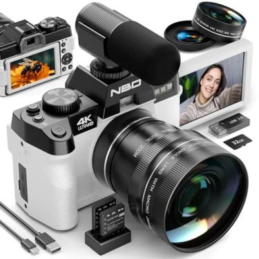 Imagem de Câmeras digitais para fotografia, câmeras de vlogging 4K para YouTube, câmeras digitais fotográficas com tela flip de 180°, zoom digital de 16x, lente macro de 52 mm, 2 baterias (brancas)