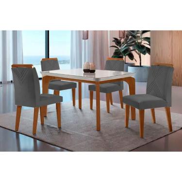 Imagem de Sala de Jantar Completa Londrina Tampo Madeirado c/ Vidro Curvo 120x80 e 4 Cadeiras Amsterdã Capuccino/Suede Grafite - Rufato