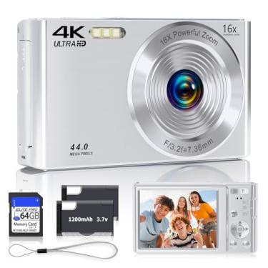 Imagem de Câmera digital, câmeras digitais 2025 4K 44 MP com foco automático para adolescentes, câmera de ponta prateada para crianças com zoom de 16X, cartão SD de 64 GB, compacta, pequena para meninos