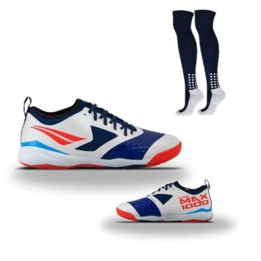 Imagem de Kit 01 Chuteira Futsal Penalty Max 1000 CBFS + 01 Meião Penalty Matis Treino 39-44 (Vermelho+Marinho, BR, Adulto, Numérico, 38)