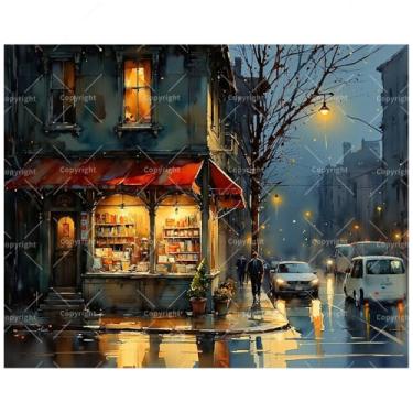 Imagem de Kit de pintura de paisagem urbana por números para adultos – Pintura em tela de livraria noturna chuvosa DIY 40,6 x 50,8 cm, conjunto de tinta acrílica, adequado para iniciantes, arte aconchegante