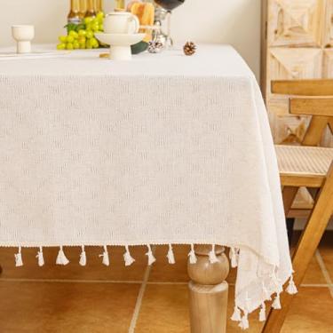 Imagem de Tootop Toalha de mesa de linho de poliéster com franjas, mesa de jantar retangular, toalha de mesa xadrez jacquard de diamante, várias toalhas de mesa boêmias estilo pastoral rústico 140 x 180 cm