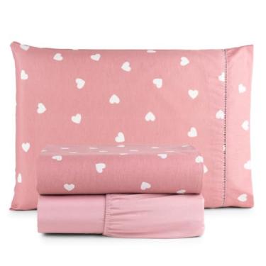 Imagem de LençOl Casal Com Elastico Conjunto De Roupa De Cama,Jogo De LençOl 100% AlgodãO Ponto Palito Estampado 1.98 * 1.58cm (CORAÇÕES ROSA)