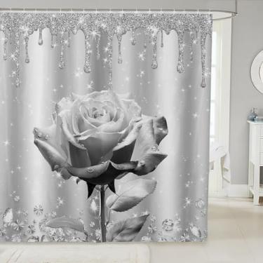 Imagem de Manfei Cortinas de chuveiro rosa cinza prata glitter diamante impermeável cortinas de banho com 12 ganchos adequado para banheira, cortinas de banheiro rosa cinza 3D para crianças, meninos, meninas