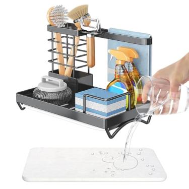 Imagem de Organizador de pia – Organizador de pia de cozinha, suporte de esponja de cozinha com bandeja de pia de pedra de diatomita, bandeja de pedra absorvente de água, suporte de escova de pratos, decoração