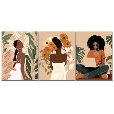 Imagem de Conjunto de 3 pôsteres de arte de parede para meninas negras, pinturas de decoração de parede de mulheres negras com imagens florais, moda afro-americana, impressão em tela, decoração de casa, sala de