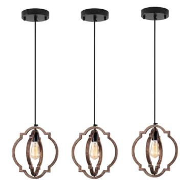 Imagem de MWZ Pacote com 3 luzes pendentes para casa de fazenda, ilha de cozinha, lustre rústico pequeno de madeira envelhecida para sala de jantar, luminária suspensa ajustável para sala de estar, quarto, hall