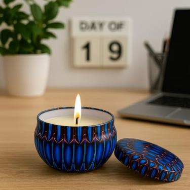 Imagem de Kit 2 Velas Aromáticas em Lata Estampada – Cera de Coco 70g Cada, Pavio de Algodão, Decoração e Bem-Estar (Cereja e Avelã e Flor de Cerejeira)