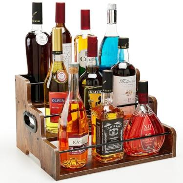 Imagem de Prateleira de exibição de garrafa de licor de 3 níveis, organizador de xarope de café de madeira e rack de vinho bancada para uísque e destilados, armário de bebidas para decoração de casa, mini bar