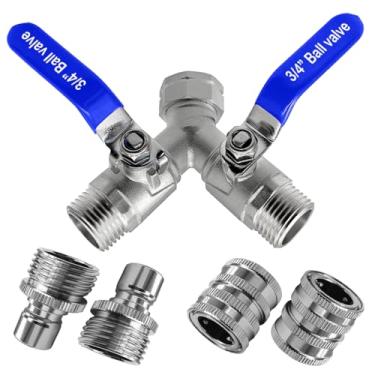 Imagem de Beduan Divisor de mangueira de aço inoxidável 304 2 vias Y divisor de mangueira de jardim com alça longa válvula de desligamento esférica de mangueira de água 3/4 GHT rosqueada com acessórios de