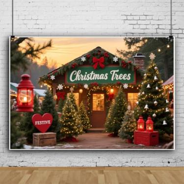 Imagem de Árvore de Natal de 3,7 x 2,4 m com luzes de fundo e pôr do sol, loja de madeira, grande, cenário de fotografia de Natal, tema de feliz feriado, decorações de festa, adereços para fotos de estúdio