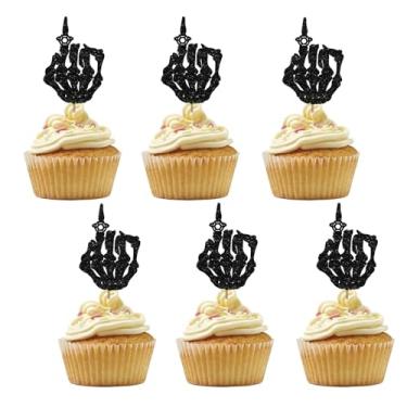 Imagem de Conjunto de 24 topos de cupcake Bride or Die Bachelorette, enfeites de cupcake de dedo de anel de esqueleto, palhetas de cupcake de casamento gótico com glitter preto para até a morte nos separar