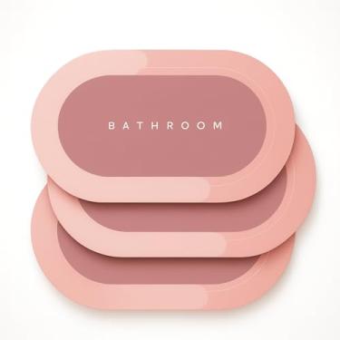 Imagem de Kit 3 Tapetes Oval Antiderrapante Super Absorvente de Microfibra para Banheiro Cozinha e Entrada (Rosa)