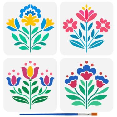 Imagem de FINGERINSPIRE 4 peças de estênceis de flores populares com pincel 20 x 20 cm reutilizável arte popular modelo de design de flores estêncil para pintura na parede, móveis de tecido de madeira