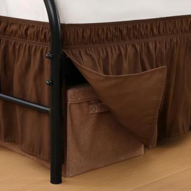 Imagem de Vocander Saia para cama de canto dividido marrom chocolate para camas queen size 45,7 cm, babados elásticos ajustáveis para moldura de metal, saias de cama ajustáveis sob medida resistentes a