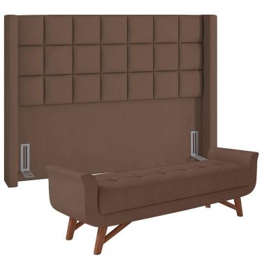 Imagem de Kit Cabeceira Cama Box Casal 140 cm Paris com Puff Recamier Itália P05 Veludo Marrom - Lyam Decor