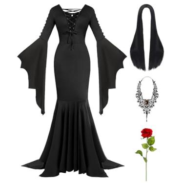 Imagem de Mosong Conjunto de fantasia de Halloween adulto para mulheres góticas, retrô, comprimento até o chão, vestido preto, fantasia de bruxa de vampiro, Preto, XXG