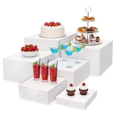 Imagem de PercyEffie Pacote com 6 conjuntos de mesa de sobremesa brancos de buffet para alimentos cubos de acrílico para exibição de festas, mesas de buffet, suporte de bolo, conjunto quadrado, suportes de
