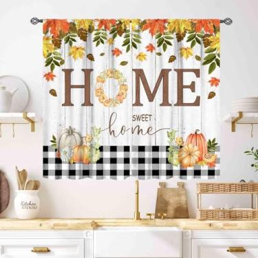 Imagem de Cortinas de cozinha de outono, casa de fazenda rústica, Dia de Ação de Graças, colheita, laranja, folhas de abóbora, tratamentos de janela para sala de estar, quarto, café, cortinas 2 painéis, 139 x